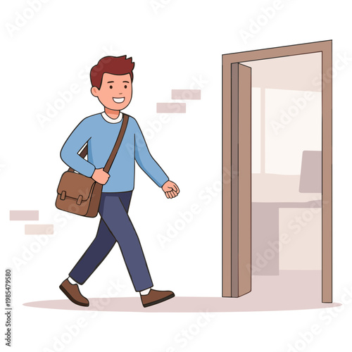 Man walking through office door with briefcase in hand smiling