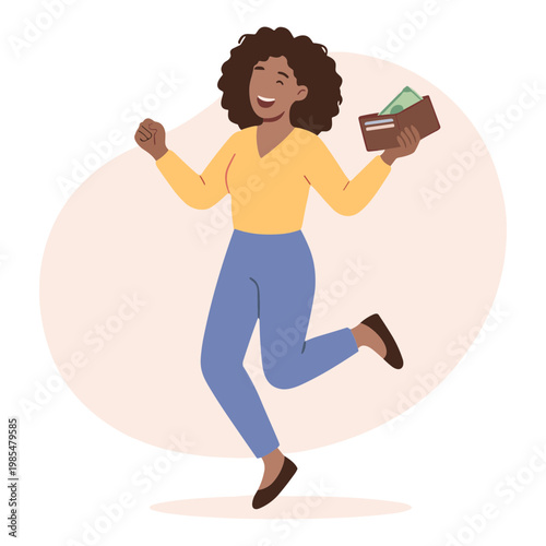 A woman happily runs with a wallet and money in her hand.