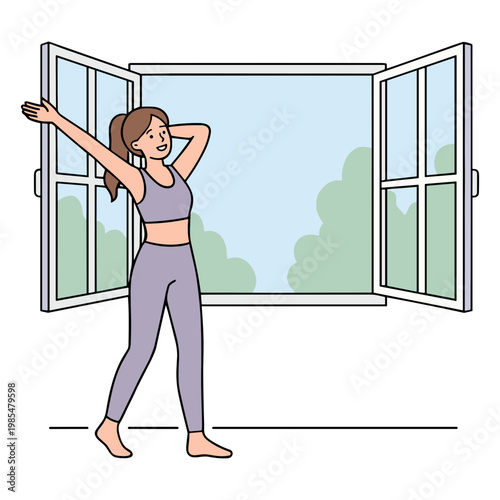 Woman stretching in front of an open window with a view of trees