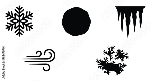 Set of winter weather conditions symbols including snowflake, hailstones, icicles, wind gusts, and frost for seasonal climate forecasts and atmospheric phenomena representation