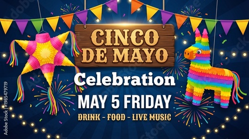 Cinco de Mayo Celebration Vector Poster with Pinata, Star Fireworks, and Party Bunting on Blue Radial Background – May 5th Event Flyer Template