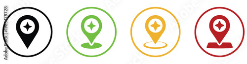 Map pin with star icon set in circular outline, featuring favorite place markers, navigation symbols, and location highlight graphics ideal for maps, travel apps