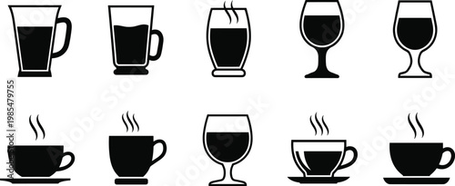 Coffee and beverage cups silhouettes vector set, hot drinks mugs glasses collection, tea coffee icons, cafe menu illustration, drinkware design elements
