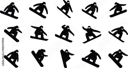 Snowboarder silhouettes vector set, winter sport action poses collection, freestyle snowboarding tricks, extreme sport athlete illustration, dynamic movement design elements