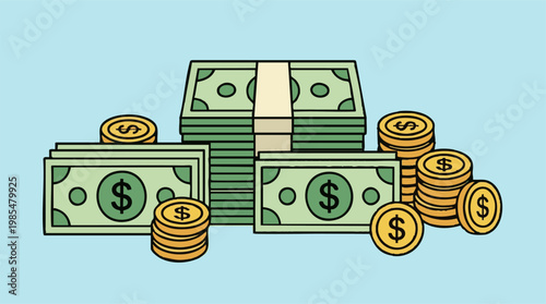 Flat design illustration of stacks of dollar bills and golden coins