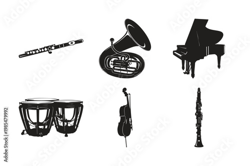 Music instruments silhouette set bundle isolated on white background.