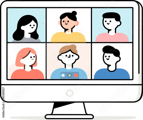 Virtual Connections: A vibrant illustration depicts a video conference call, where diverse individuals connect remotely, fostering communication and collaboration in a digital environment.