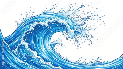 A powerful ocean wave crashes in the blue water with white foam and splashes.