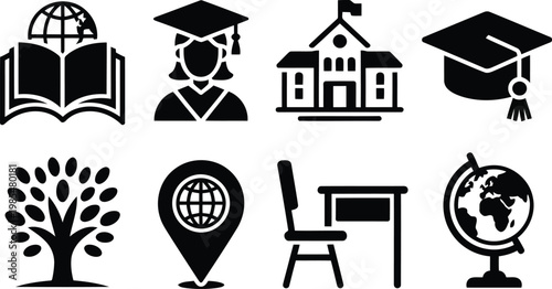 Education icons set books graduation school buildings and learning symbols