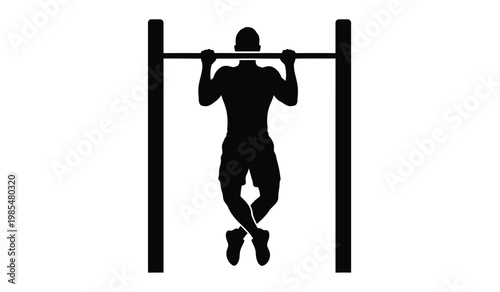 A stark depiction of a muscular man performing a pull up on a horizontal bar captured as a striking silhouette high quality professional detailed