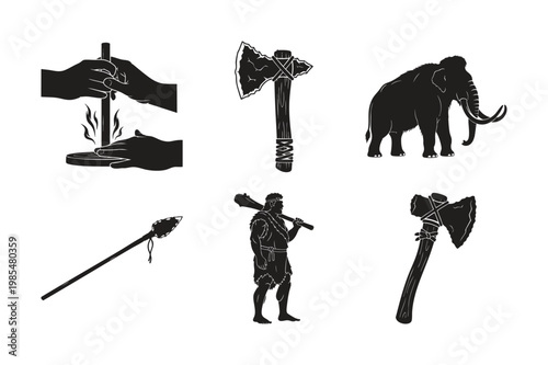 Prehistoric caveman life silhouette set bundle with mammoth and weapon.