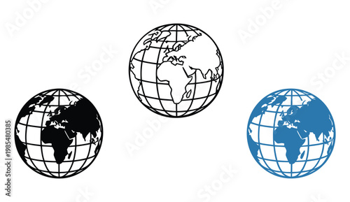Three globe icons black, white outlined, and blue filled on a white background, modern flat and outline set representing earth, worldwide connection, and global networking for apps, websites, and educ