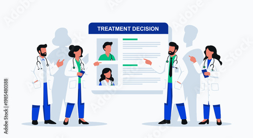 Medical professionals discussing treatment, healthcare concept, doctor patient consultation, medical decision making, vector illustration