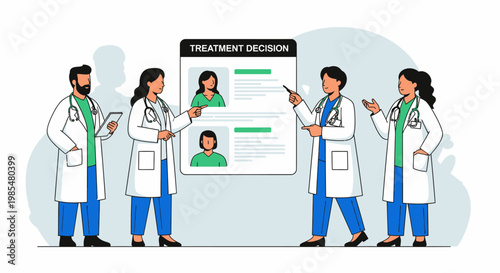 Medical professionals, doctors, healthcare team, treatment decision making, vector illustration