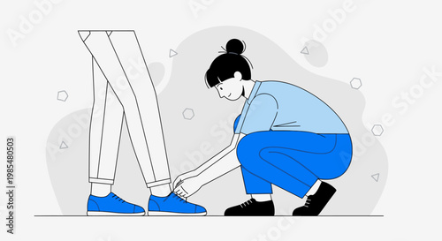 Vector illustration of woman tying shoelaces, blue shoes, casual outfit, daily life scene, flat design