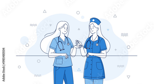 Medical professionals, healthcare workers, nurses, blue uniform, vector illustrations, Medical staff, hospital scene, healthcare setting, blue tones, minimalist style, two people, women
