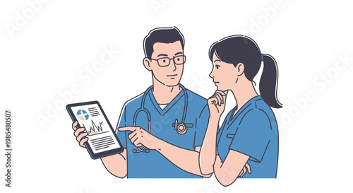 Medical professionals, doctor and nurse, healthcare workers, blue scrubs, vector illustration