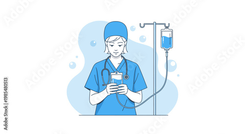 Medical, healthcare, nurse, blue uniform, vector illustration, hospital, doctor, medicine, nursing, patient care, medical staff, blue color scheme, flat design, line art, healthcare worker