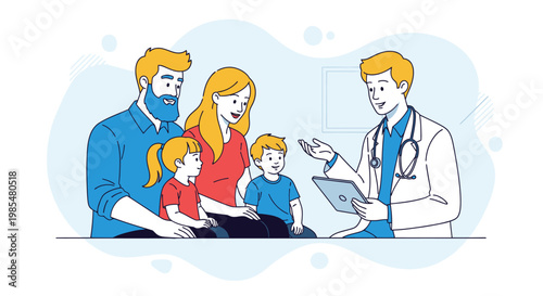 Family, doctor, medical consultation, healthcare, vector illustration, flat design, colorful, children, parents, physician, clinic, meeting