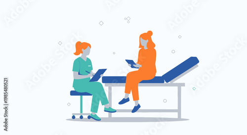 Medical consultation, doctor and patient icons, healthcare vector graphics, blue and orange color scheme
