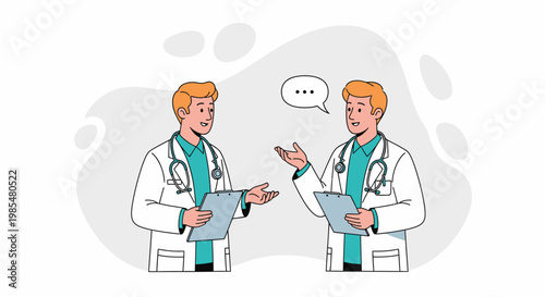 Medical professionals, doctors talking, healthcare conversation, white coats, vector illustration
