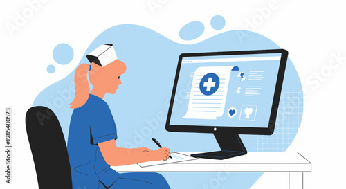 Medical professional, doctor, sitting, computer, healthcare, blue scrubs, vector illustration, medical office, patient records