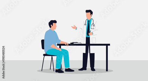 Medical consultation, doctor patient discussion, healthcare professionals, office meeting, blue scrubs
