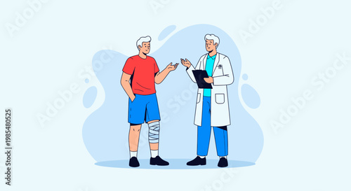 Medical consultation, doctor and patient discussion, healthcare professionals, injury examination, orthopedic checkup