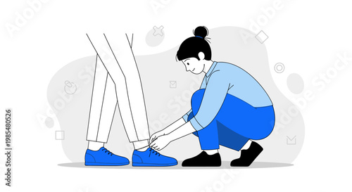 Vector illustration of woman tying shoelaces, blue outfit, black hair, minimalist design, healthcare and medical concept, flat style