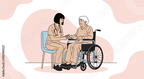 Nurse caring for elderly woman, healthcare professional assisting senior, caregiver support, medical illustration, vector graphic