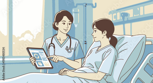 Medical, healthcare, hospital, vector, illustration, doctor, nurse, patient, tablet, blue, cartoon, flat, design elements, 1 file, EPS