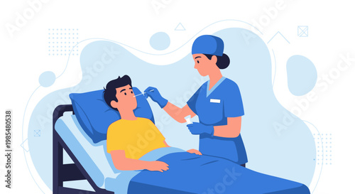 Medical, healthcare, vector illustration, doctor, nurse, patient, hospital, blue, cartoon, flat, modern, sick, treatment, medicine, health, wellness, care, medical professional, examination