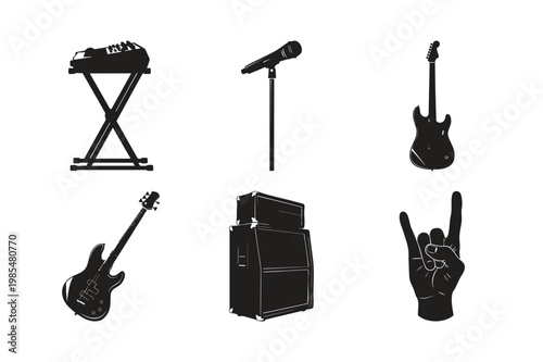 Rock music band equipment silhouette set bundle guitar amp mic.