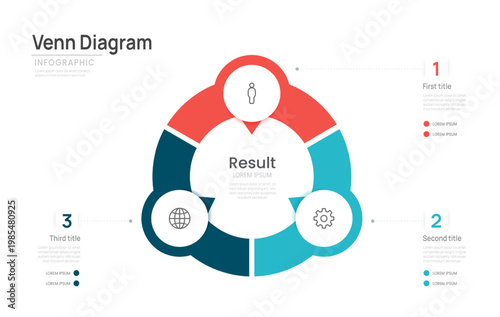 Venn diagram business infographic circle chart template 3 options, presentation with venn diagram elements vector illustration.