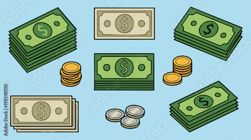 Various stacks of dollar bills and coins in a simple illustration