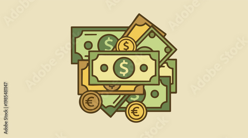 Pile of money with dollar bills and euro coins, financial concept illustration