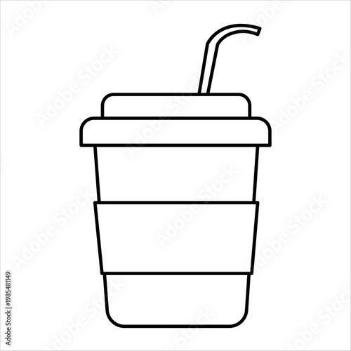A simple black and white line drawing of a disposable coffee cup with a lid and straw.