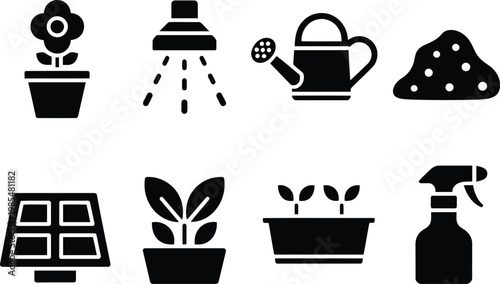 Gardening icons set plants tools and supplies for horticulture