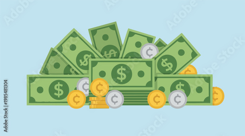 Flat Illustration of Stacked Money Bills and Coins on Blue Background