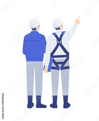 ヘルメットとフルハーネスを身につけた後ろ姿 指差ししながら打ち合わせをする作業員のイラスト素材