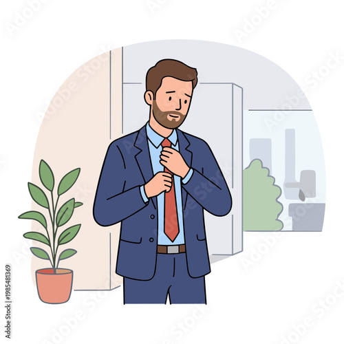 A man in a blue suit adjusting his red tie in an office.