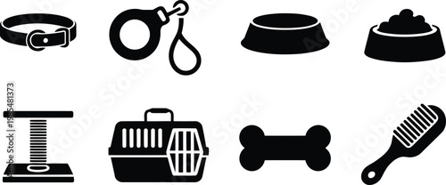 Black silhouette icons of dog and cat supplies collars bowls carriers