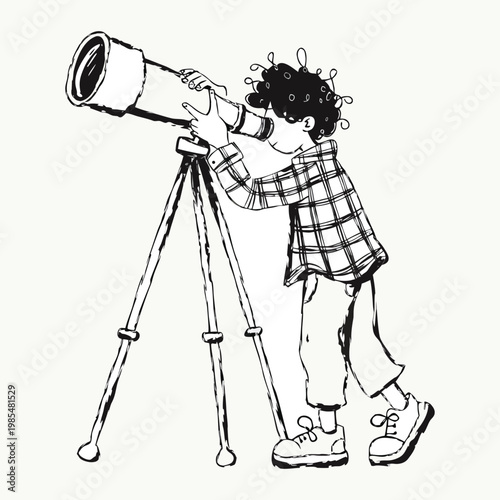 A professional silhouette of a little girl and boy with a telescope alongside a woman photographer using a digital camera and tripod equipment to capture a film video in a studio.