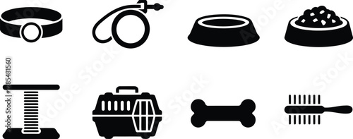 Pet supplies collection bowls leashes carriers and grooming tools