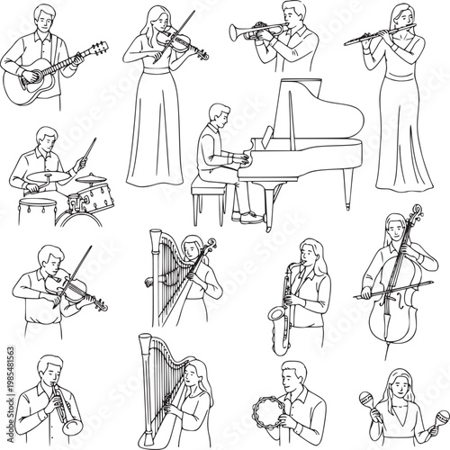 orchestra musicians playing classical instruments line art illustration set isolated