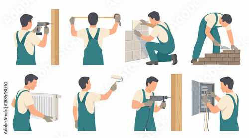 Collection of illustrations depicting various home repair and construction tasks