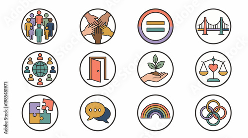 Diverse set of icons representing social issues and community values.