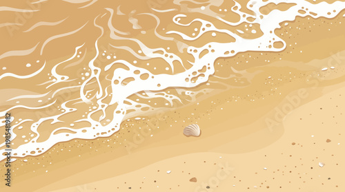 Top View Minimalist Sandy Beach Shoreline with Gentle Ocean Wave Foam Flat Vector Background