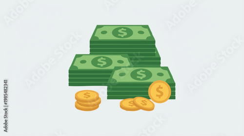 Stacks of dollar bills and golden coins representing wealth and finance