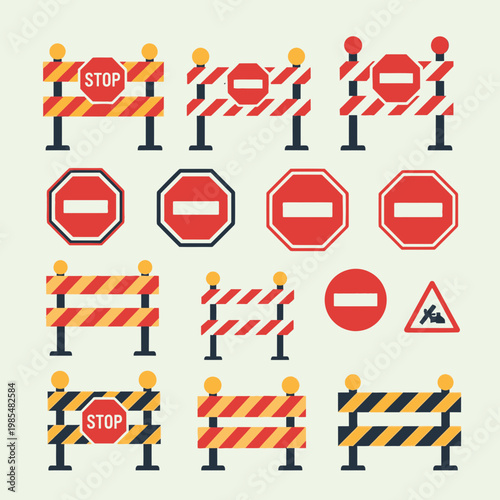 Road Construction Barriers Stop Signs Traffic Safety Icons Set Vector Illustration
